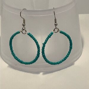 Turquoise seed bead hoop earrings handmade bead dangle circle earrings